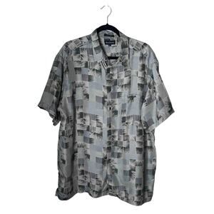 Vintage 80's Mens Marc Edwards Front Front Shirt Gray Abstract Print Silk Sze XL